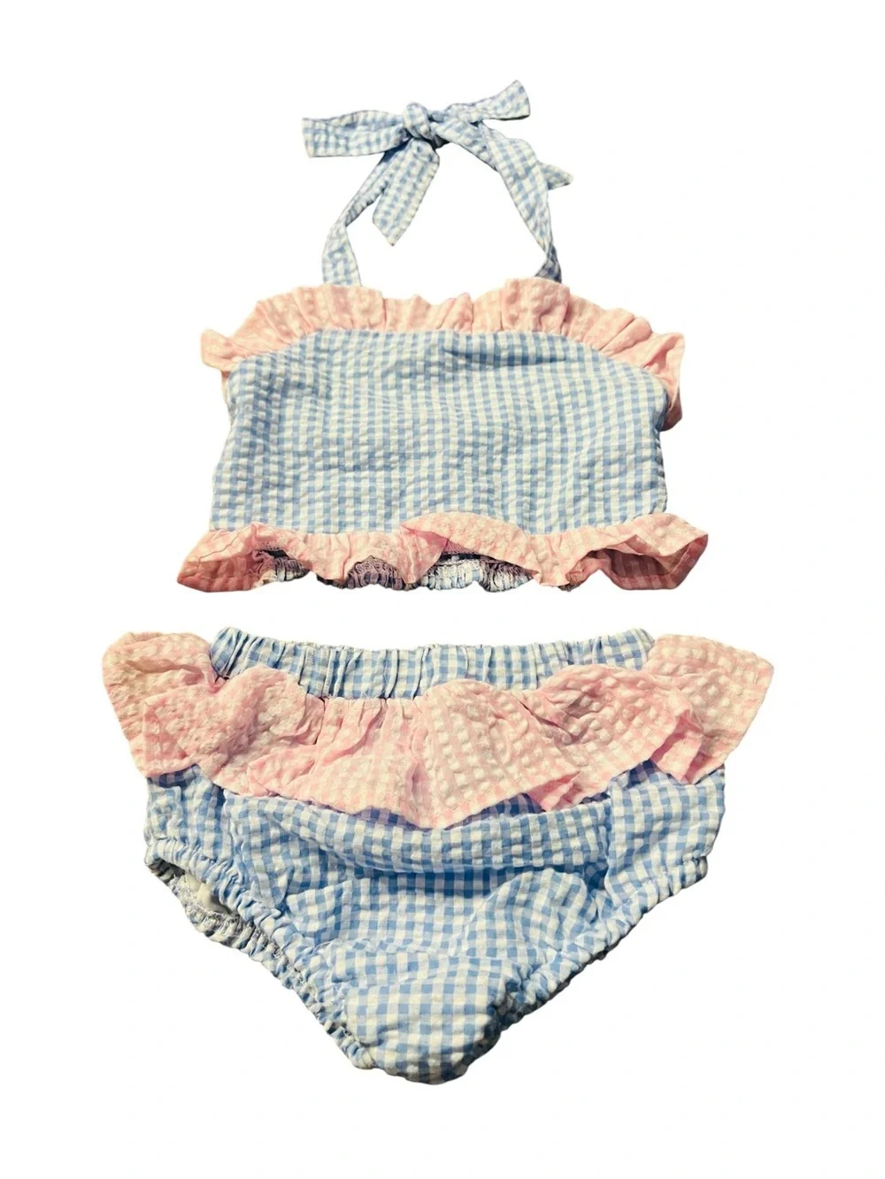 Cecil and Lou Children's Blue & Pink Gingham Ruffle Bikini Set Size 24 Mos.